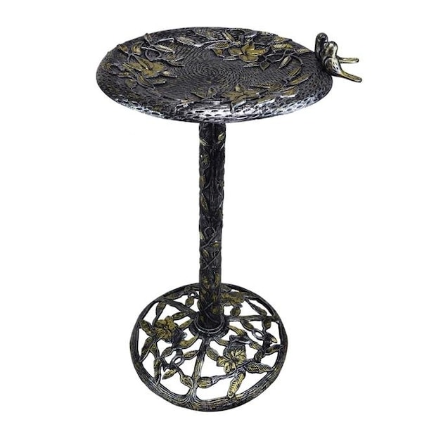 Oakland Living Corporation Oakland Living TWINBIRDS-BB-AS 34 in. Handmade Solid Heavy Tall Black & Gold Cast Aluminum High Quality Metal Bird Bath with Twin Singing Birds; Antique Silver TWINBIRDS-BB-AS - main